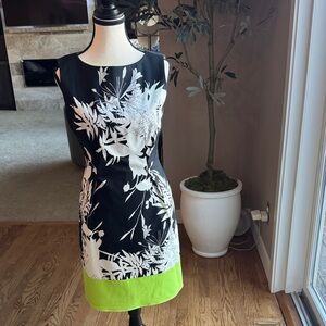 Tahari Black & White Floral Mini Dress with Lime Trim